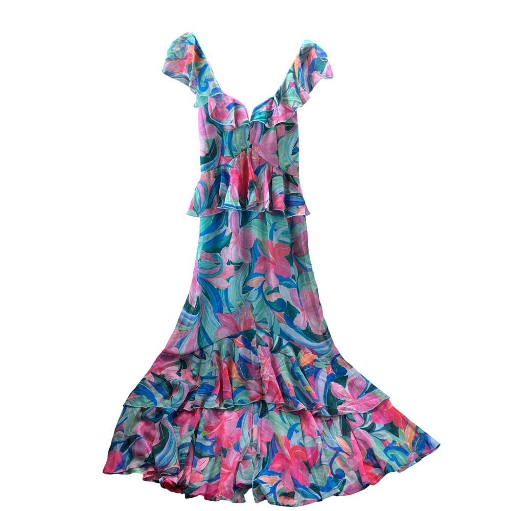 Show Me Your Mumu Floral Tiered Maxi Dress Pink‎ Blue Ruffle Smocked XS New - Picture 3 of 12